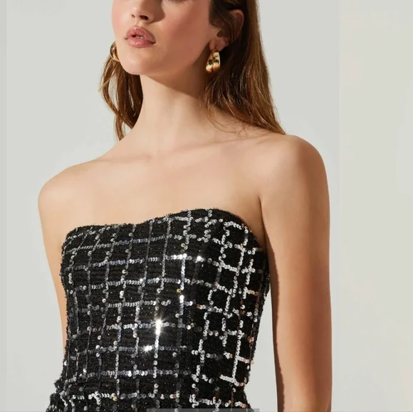 NWT ASTR The Label Carmen Sequin Strapless Mini Dress-Black/Silver - Picture 5 of 13